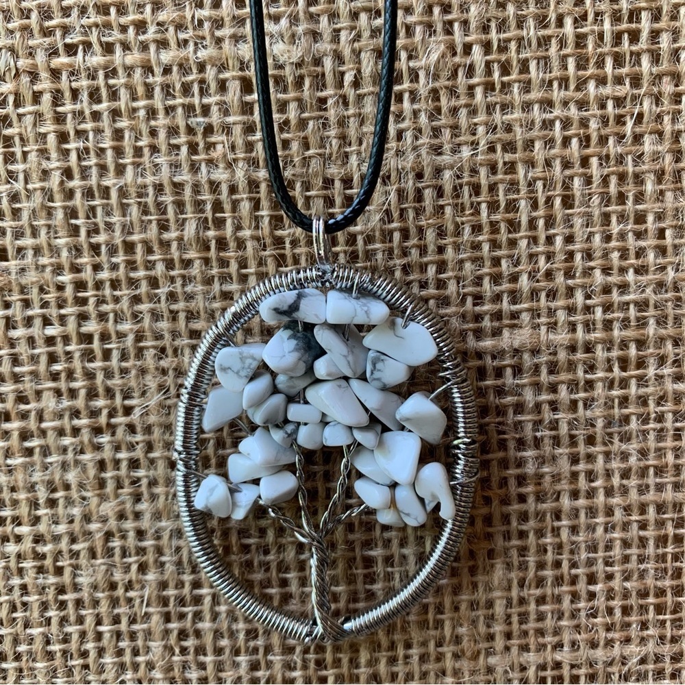 White Howlite Wire Wrapped Tree of Life Pendant Necklace Adjustable Cord Chain